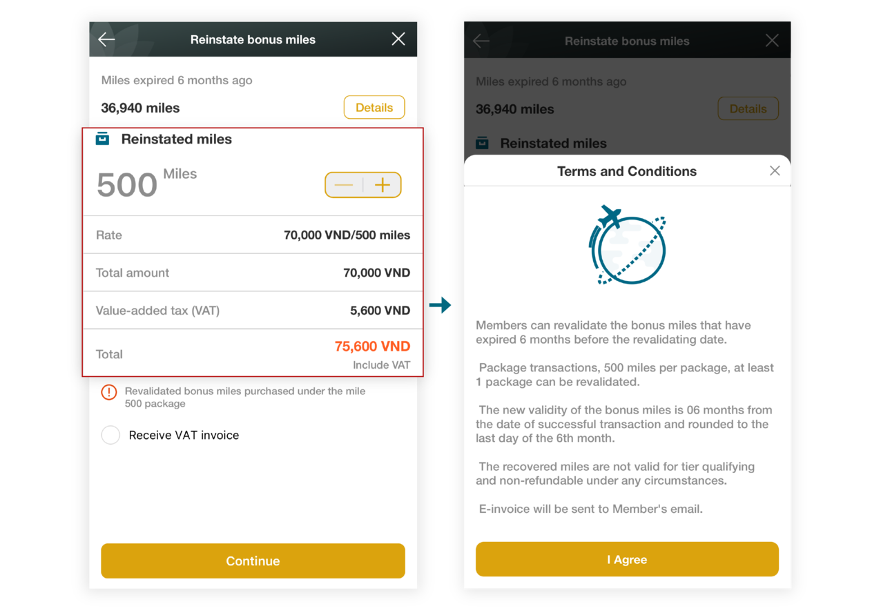 Instructions for reinstating bonus miles on the app 3.